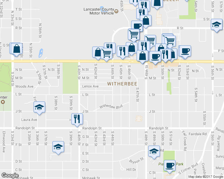 map of restaurants, bars, coffee shops, grocery stores, and more near 369 South 44th Street in Lincoln