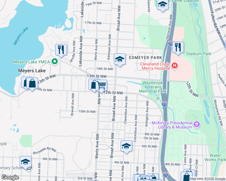 map of restaurants, bars, coffee shops, grocery stores, and more near 1201 Broad Avenue Northwest in Canton