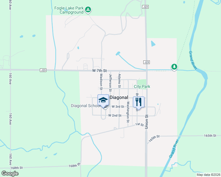 map of restaurants, bars, coffee shops, grocery stores, and more near 502 West 5th Street in Diagonal