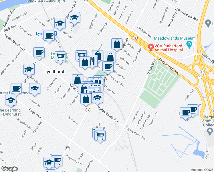 map of restaurants, bars, coffee shops, grocery stores, and more near 615 Milton Ave in Lyndhurst