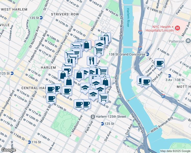 map of restaurants, bars, coffee shops, grocery stores, and more near 10E East 132nd Street in New York