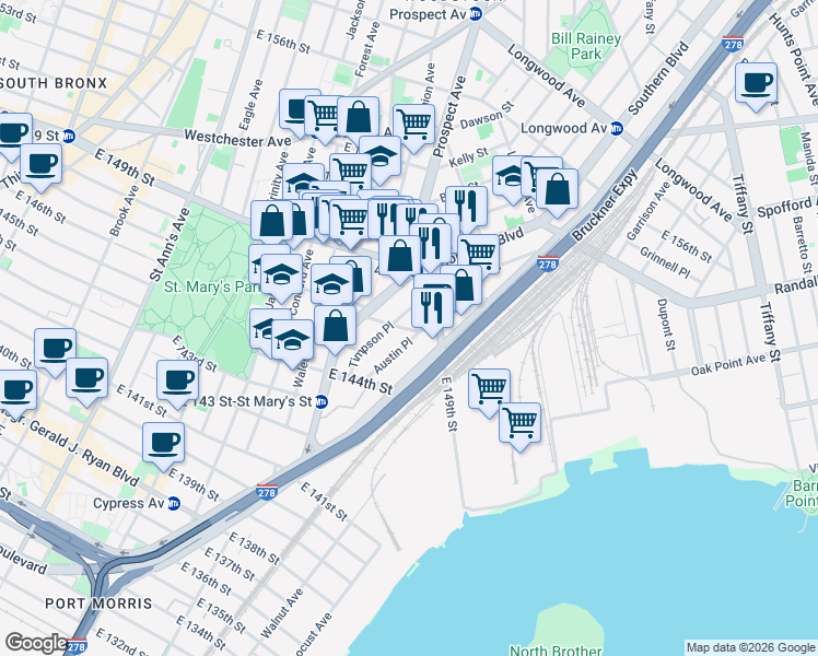 map of restaurants, bars, coffee shops, grocery stores, and more near 486 Timpson Place in The Bronx