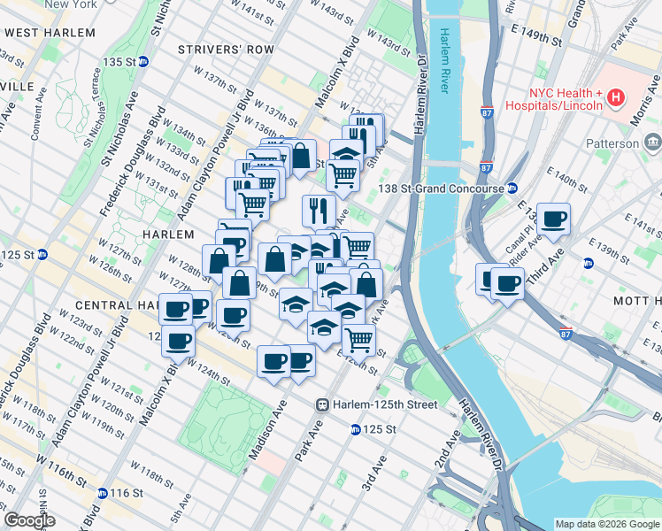 map of restaurants, bars, coffee shops, grocery stores, and more near 10E East 132nd Street in New York