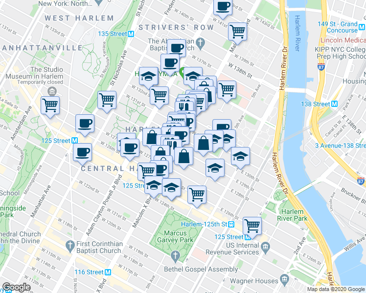 map of restaurants, bars, coffee shops, grocery stores, and more near 56 West 130th Street in New York