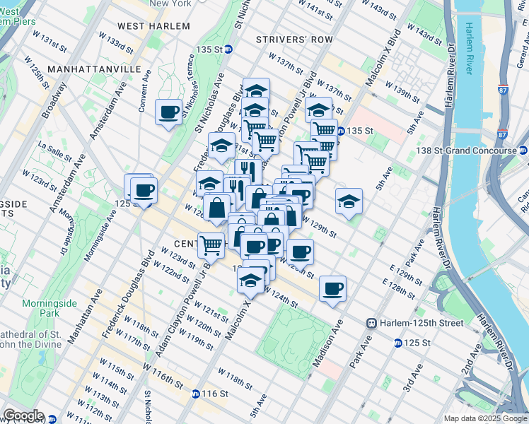 map of restaurants, bars, coffee shops, grocery stores, and more near 131 West 128th Street in New York