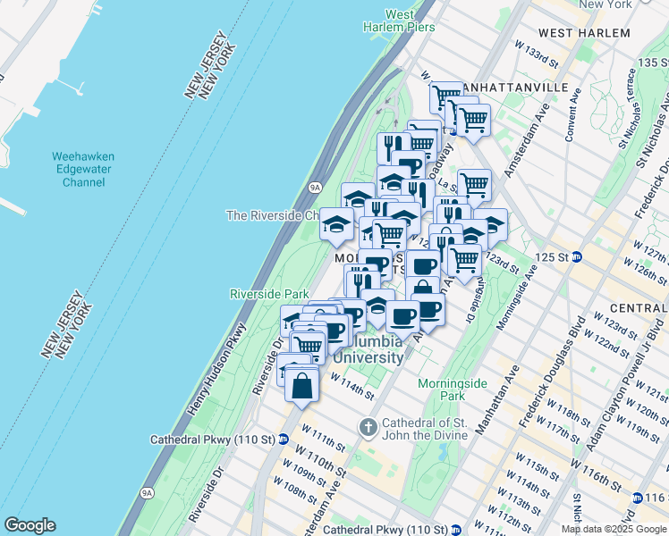 map of restaurants, bars, coffee shops, grocery stores, and more near 475 Riverside Drive in New York