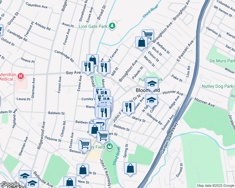 map of restaurants, bars, coffee shops, grocery stores, and more near 345 Hoover Avenue in Bloomfield