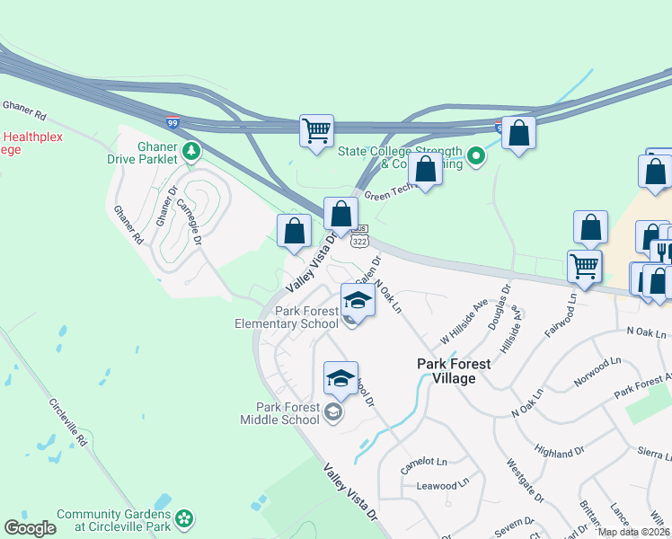 map of restaurants, bars, coffee shops, grocery stores, and more near in Park Forest Village