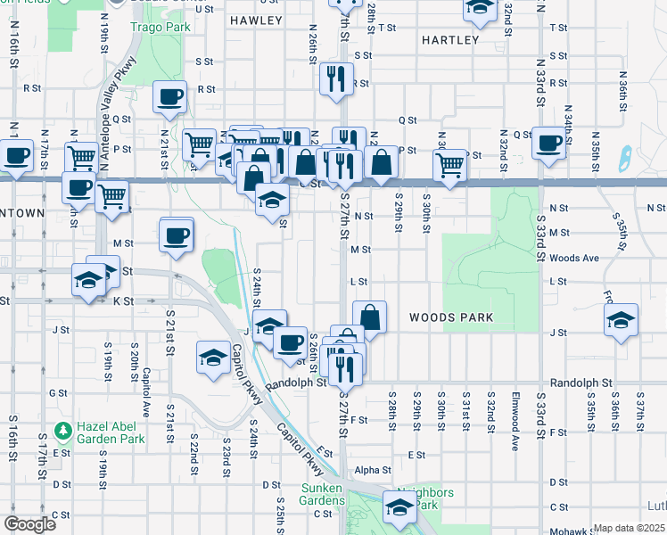 map of restaurants, bars, coffee shops, grocery stores, and more near 329 South 27th Street in Lincoln
