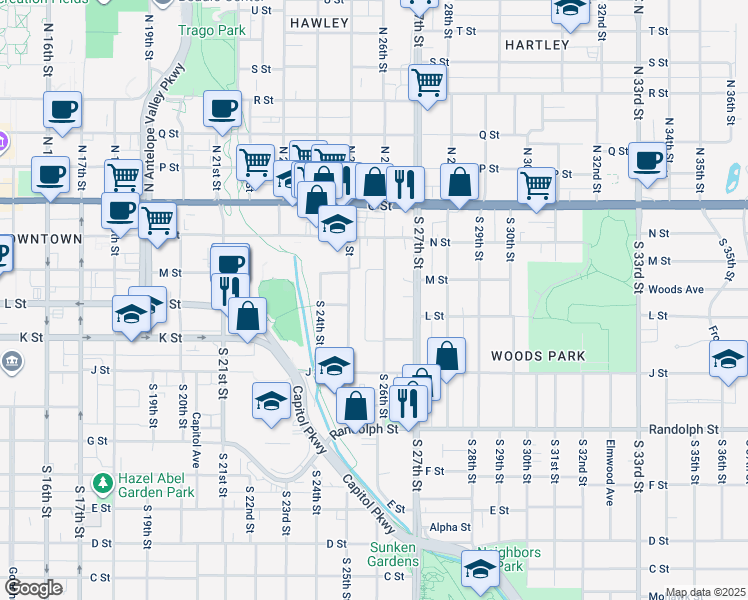 map of restaurants, bars, coffee shops, grocery stores, and more near 349 South 26th Street in Lincoln