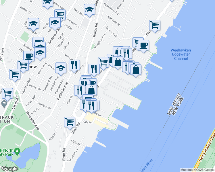 map of restaurants, bars, coffee shops, grocery stores, and more near 5 Independence Way in Edgewater
