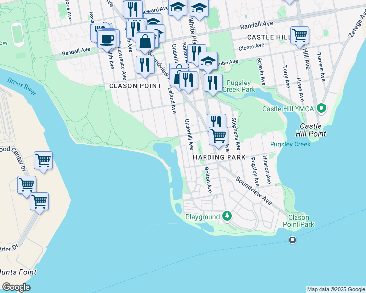 map of restaurants, bars, coffee shops, grocery stores, and more near 1200 Harding Park in Bronx