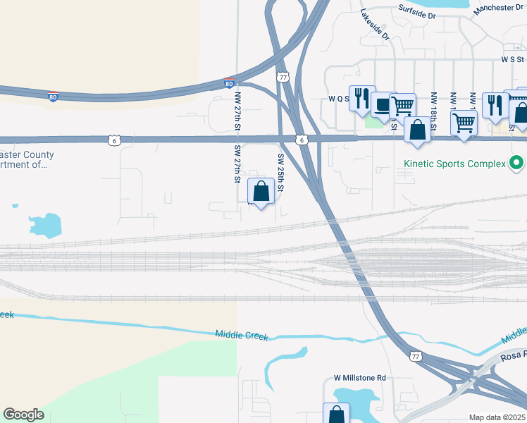 map of restaurants, bars, coffee shops, grocery stores, and more near 2601 West L Street in Lincoln