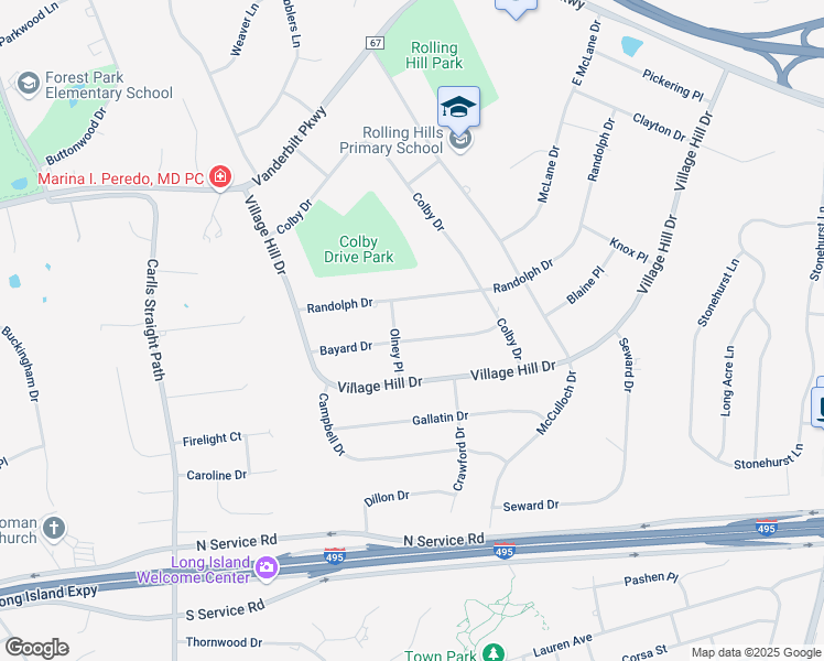 map of restaurants, bars, coffee shops, grocery stores, and more near 21 Bayard Drive in Dix Hills