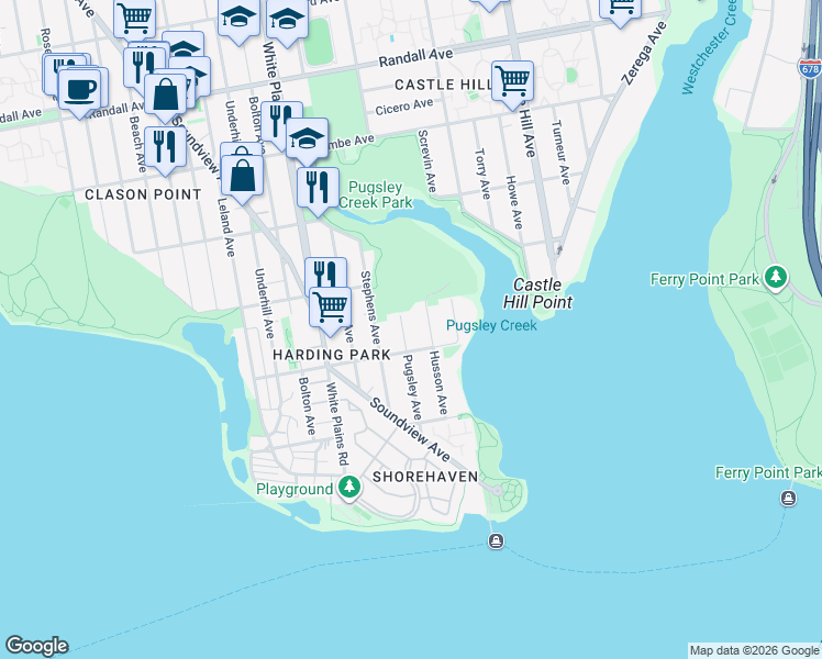 map of restaurants, bars, coffee shops, grocery stores, and more near 221 Pugsley Avenue in Bronx