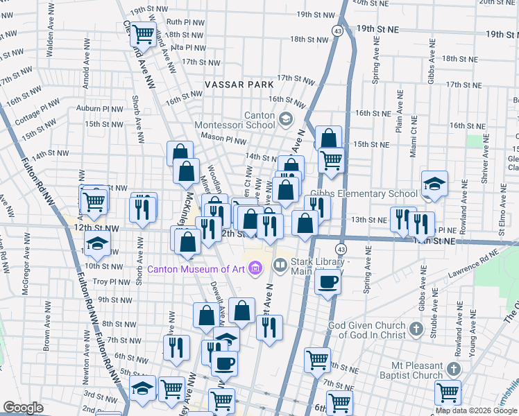 map of restaurants, bars, coffee shops, grocery stores, and more near 1245 Logan Avenue Northwest in Canton