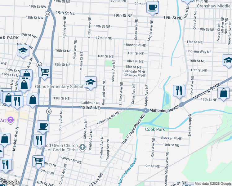 map of restaurants, bars, coffee shops, grocery stores, and more near 1325 Maddrell Court Northeast in Canton