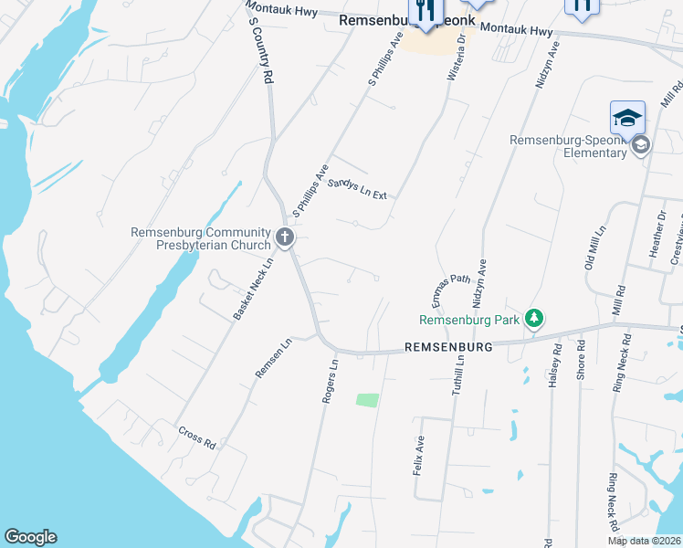 map of restaurants, bars, coffee shops, grocery stores, and more near 24 Pheasant Lane East in Bellport