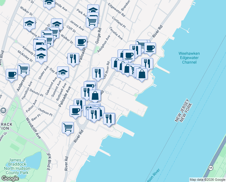 map of restaurants, bars, coffee shops, grocery stores, and more near 5 Independence Way in Edgewater
