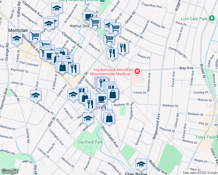 map of restaurants, bars, coffee shops, grocery stores, and more near 31 Grant Street in Montclair
