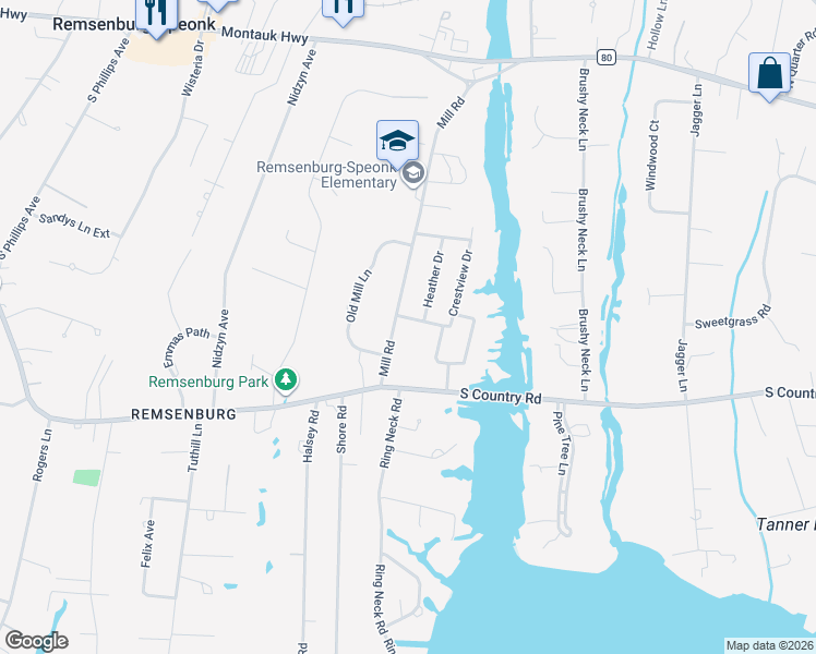 map of restaurants, bars, coffee shops, grocery stores, and more near 3 White Birch Lane in Remsenburg-Speonk