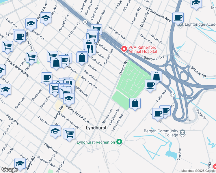 map of restaurants, bars, coffee shops, grocery stores, and more near 741 2nd Avenue in Lyndhurst