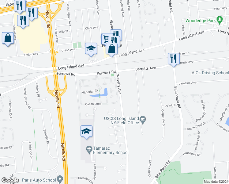 map of restaurants, bars, coffee shops, grocery stores, and more near 210 Cassa Loop in Holtsville
