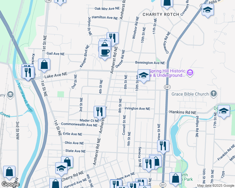 map of restaurants, bars, coffee shops, grocery stores, and more near 736 Sheffield Avenue Northeast in Massillon