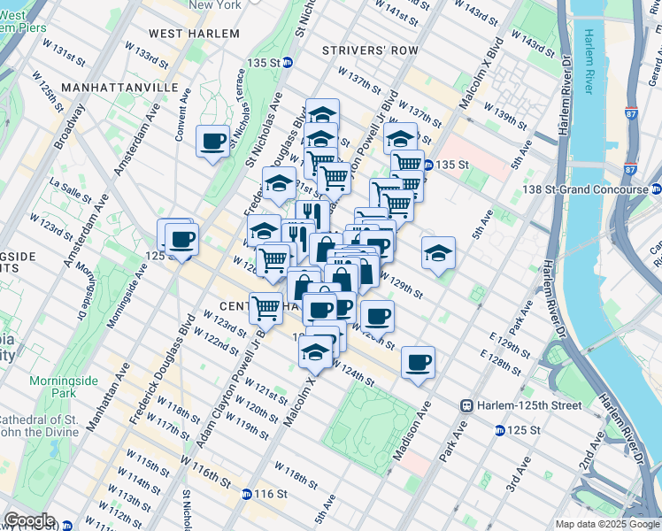 map of restaurants, bars, coffee shops, grocery stores, and more near 131 West 128th Street in New York