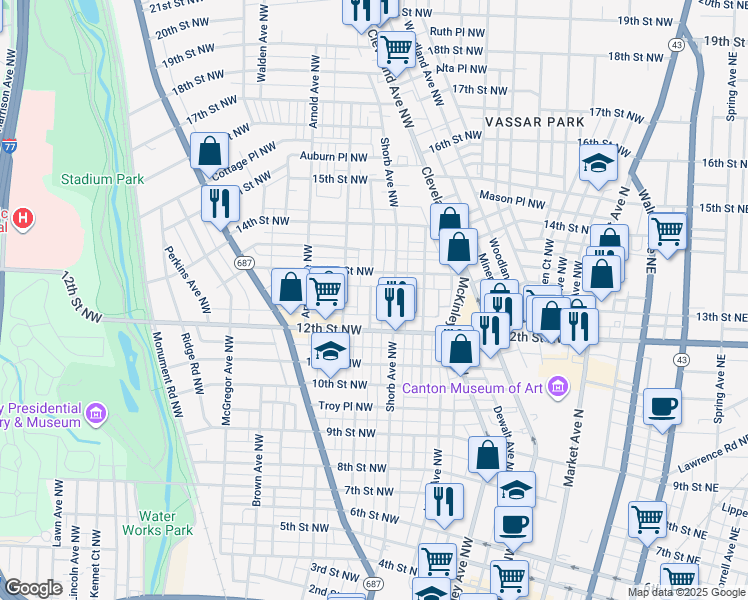 map of restaurants, bars, coffee shops, grocery stores, and more near in Canton