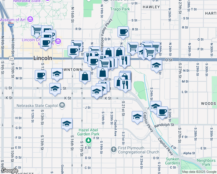 map of restaurants, bars, coffee shops, grocery stores, and more near 1944 L Street in Lincoln