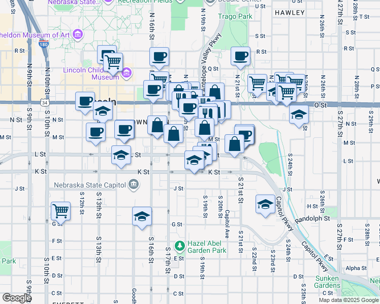 map of restaurants, bars, coffee shops, grocery stores, and more near 344 South 18th Street in Lincoln