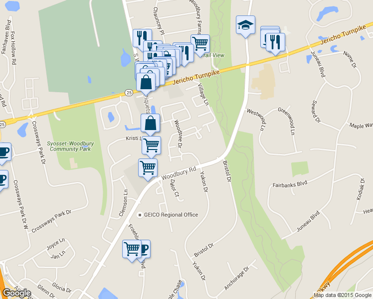 map of restaurants, bars, coffee shops, grocery stores, and more near 13 Woodtree Drive in Woodbury
