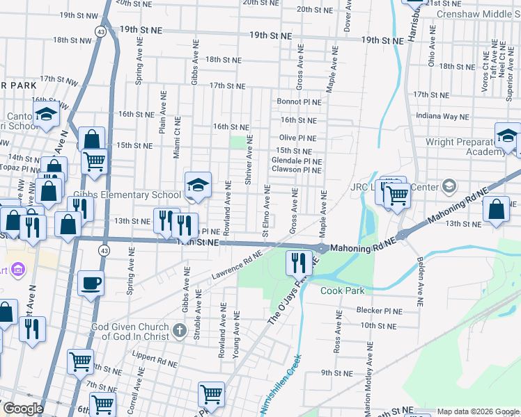 map of restaurants, bars, coffee shops, grocery stores, and more near 1417 Pontius Place Northeast in Canton