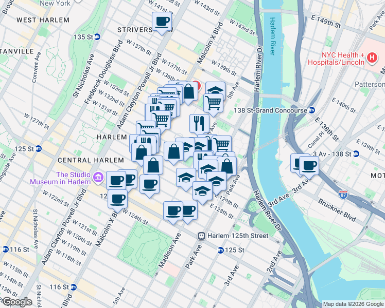 map of restaurants, bars, coffee shops, grocery stores, and more near 2142 5th Avenue in New York