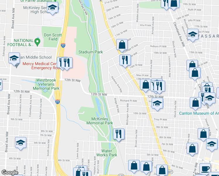 map of restaurants, bars, coffee shops, grocery stores, and more near 1227 Ridge Road Northwest in Canton