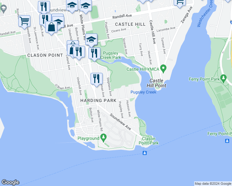 map of restaurants, bars, coffee shops, grocery stores, and more near 221 Pugsley Avenue in Bronx