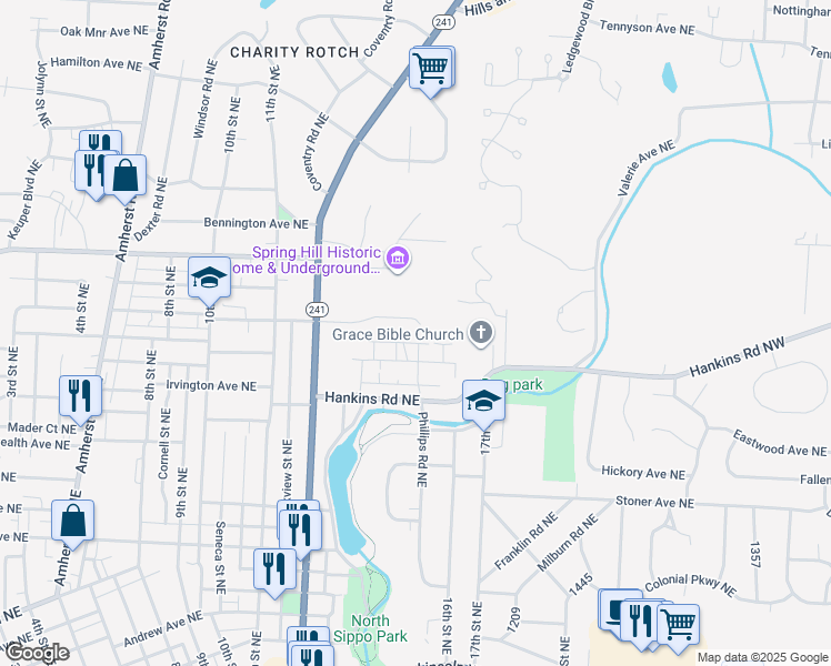 map of restaurants, bars, coffee shops, grocery stores, and more near 1477 Pebble Chase Circle Northeast in Massillon