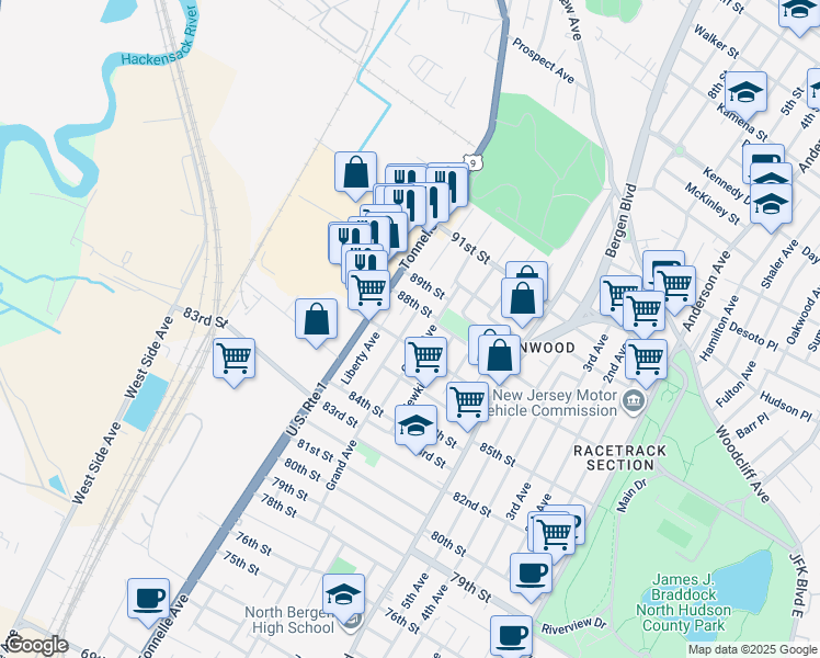 map of restaurants, bars, coffee shops, grocery stores, and more near 8610 Columbia Avenue in North Bergen