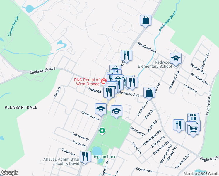 map of restaurants, bars, coffee shops, grocery stores, and more near in West Orange