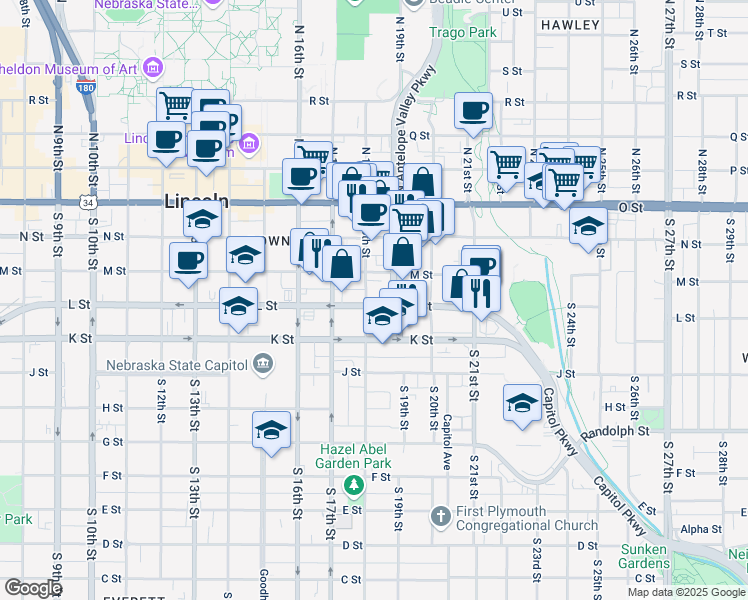 map of restaurants, bars, coffee shops, grocery stores, and more near 344 South 18th Street in Lincoln
