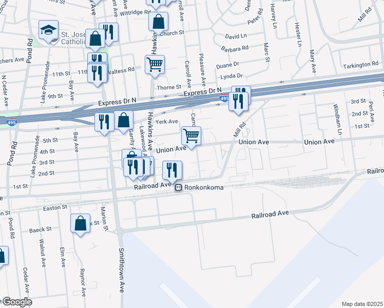 map of restaurants, bars, coffee shops, grocery stores, and more near 228 Carroll Ave in Ronkonkoma