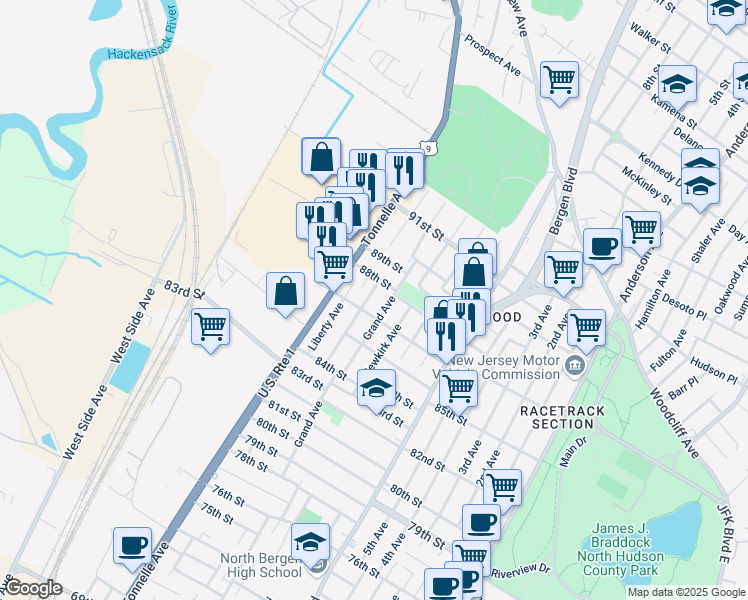 map of restaurants, bars, coffee shops, grocery stores, and more near 8610 Columbia Avenue in North Bergen