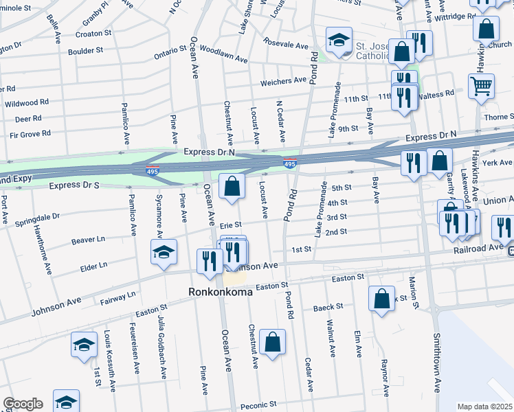 map of restaurants, bars, coffee shops, grocery stores, and more near 2536 Locust Avenue in Ronkonkoma