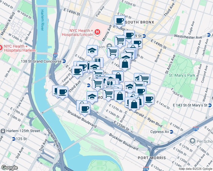 map of restaurants, bars, coffee shops, grocery stores, and more near in The Bronx