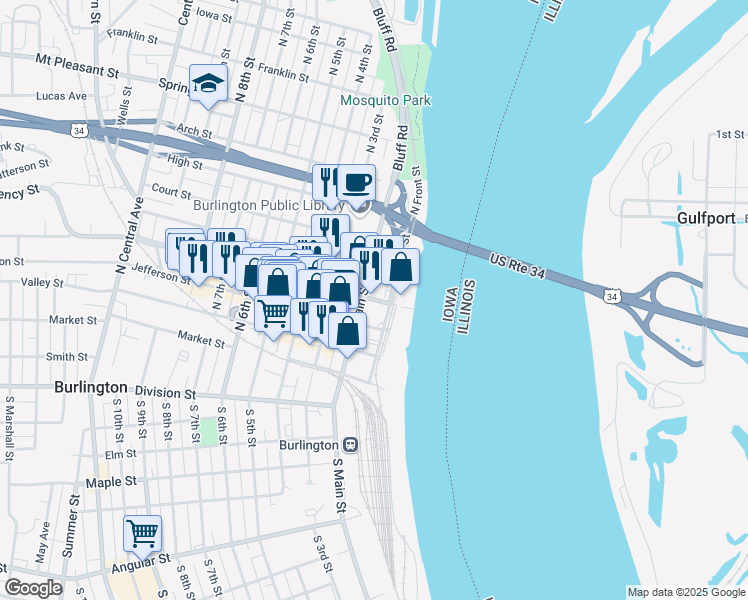 map of restaurants, bars, coffee shops, grocery stores, and more near 7 Washington Street in Burlington