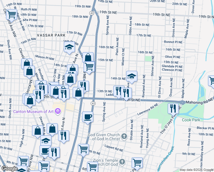 map of restaurants, bars, coffee shops, grocery stores, and more near 1318 Spring Avenue Northeast in Canton
