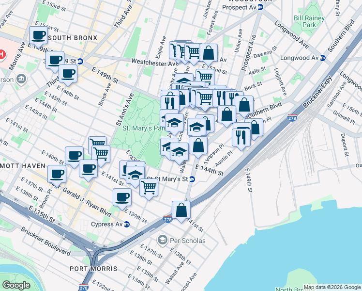 map of restaurants, bars, coffee shops, grocery stores, and more near 441 Concord Avenue in Bronx