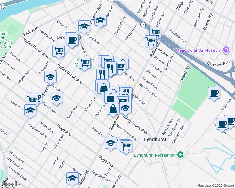 map of restaurants, bars, coffee shops, grocery stores, and more near 530 Freeman Street in Lyndhurst