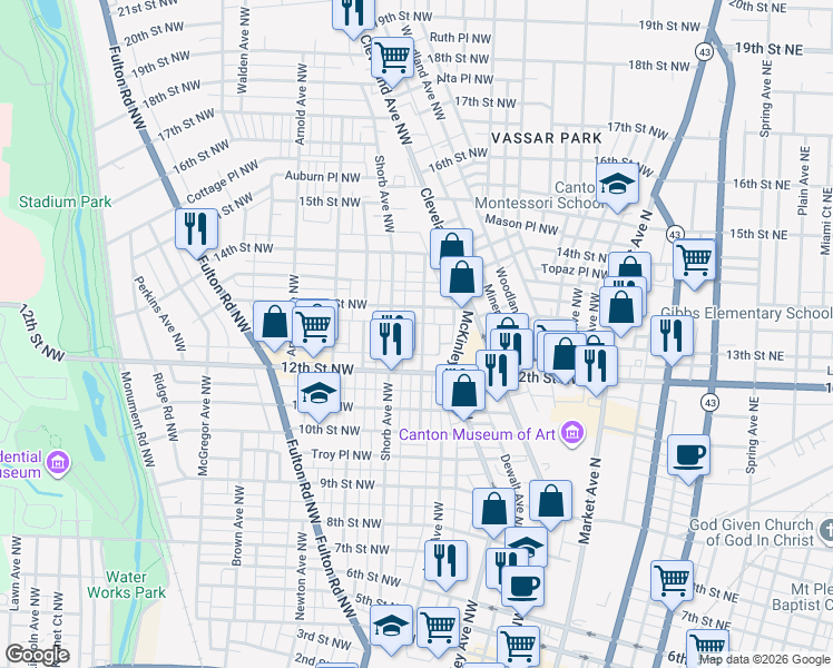 map of restaurants, bars, coffee shops, grocery stores, and more near 1235 Worley Avenue Northwest in Canton